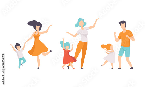 Parents and their Kids Having Fun Set, Families Dancing Together Flat Vector Illustration