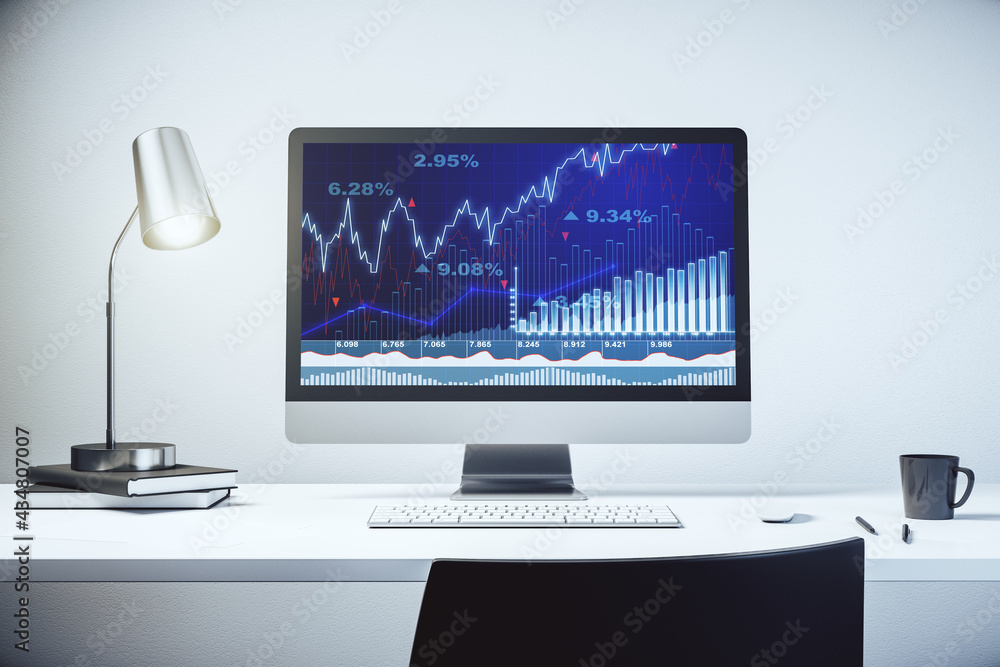 Modern computer screen with abstract creative financial chart, research and analytics concept. 3D Rendering Modern computer screen with abstract creative financial chart, research and analytics concept. 3D Rendering