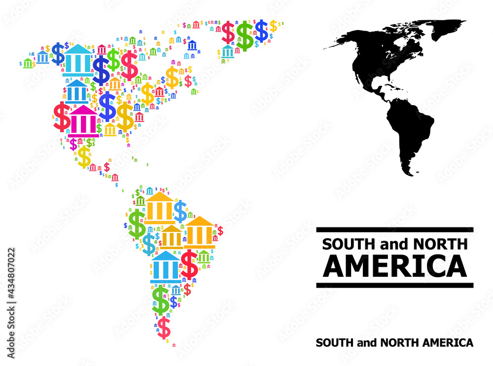 Fototapeta premium Bright colored bank and commercial mosaic and solid map of South and North America. Map of South and North America vector mosaic for GDP campaigns and doctrines.