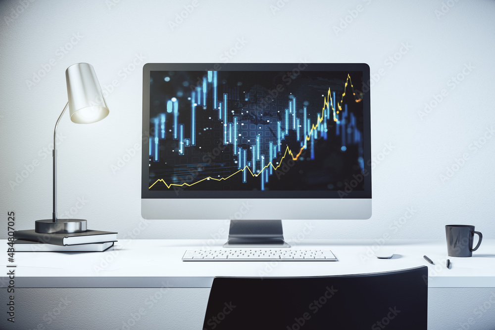 Abstract creative financial diagram on modern computer monitor, banking and accounting concept. 3D Rendering Abstract creative financial diagram on modern computer monitor, banking and accounting concept. 3D Rendering