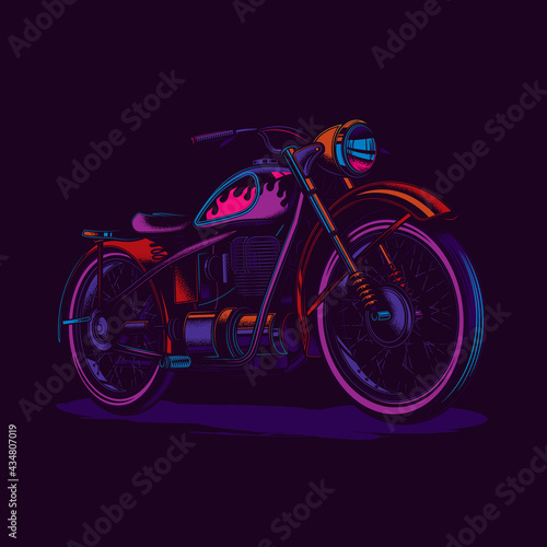 Original vector illustration in neon style. American motorcycle custom made. T-shirt Design