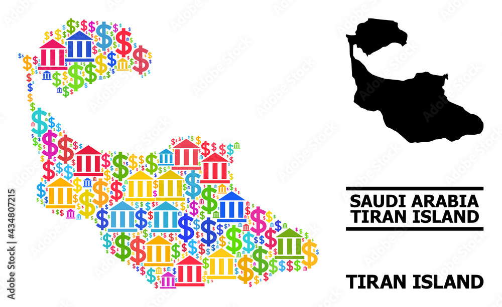 Vibrant bank and dollar mosaic and solid map of Tiran Island. Map of Tiran Island vector mosaic for business campaigns and purposes.
