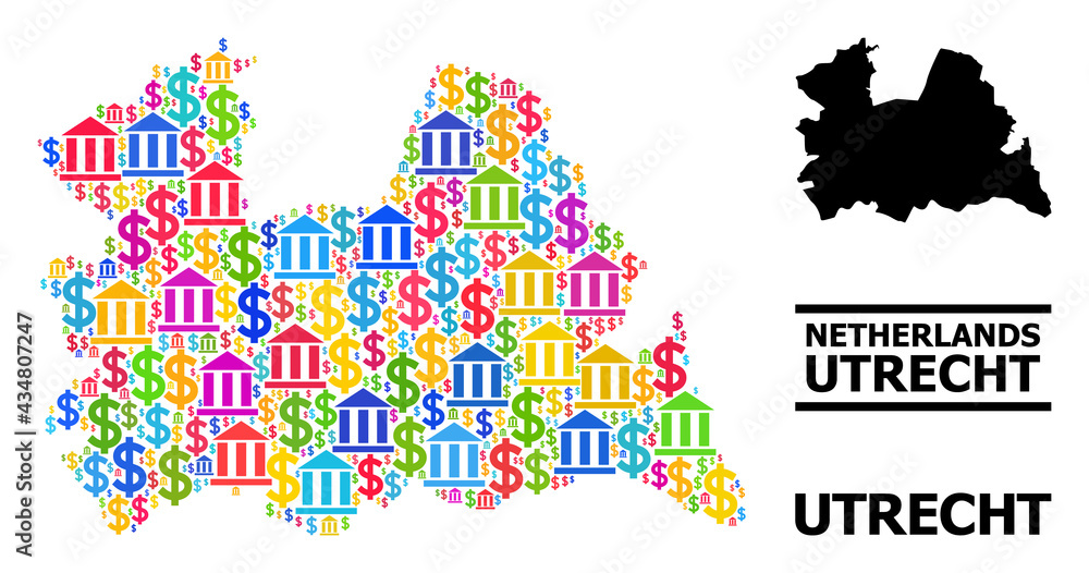 Obraz premium Bright colored banking and money mosaic and solid map of Utrecht Province. Map of Utrecht Province vector mosaic for ads campaigns and promotion.