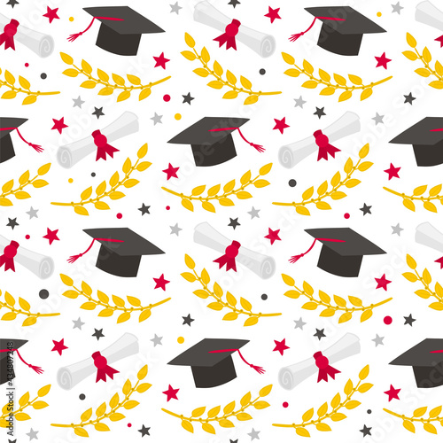 Seamless graduation pattern with doodle style elements. Hand drawn holiday background with scrolls, laurel branches, stars and a graduate cap. Vector illustration.