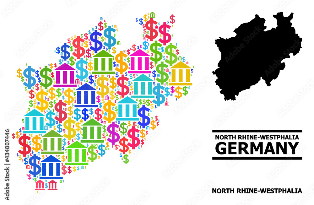 Colored bank and commercial mosaic and solid map of North Rhine-Westphalia State. Map of North Rhine-Westphalia State vector mosaic for advertisement campaigns and agitation.
