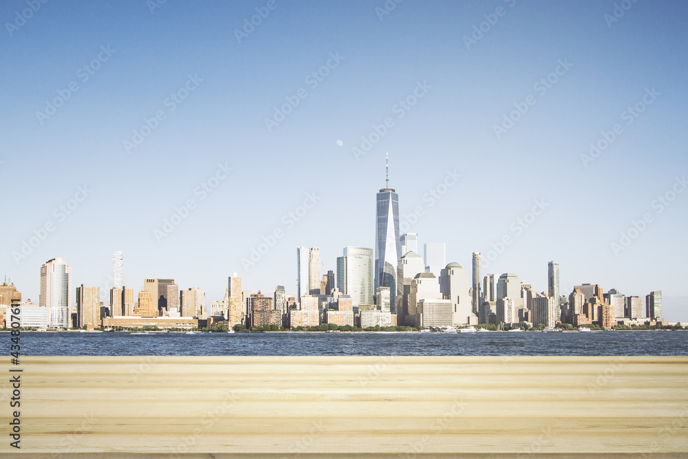 Empty tabletop made of wooden dies with New York city view at daytime on background, template Empty tabletop made of wooden dies with New York city view at daytime on background, template