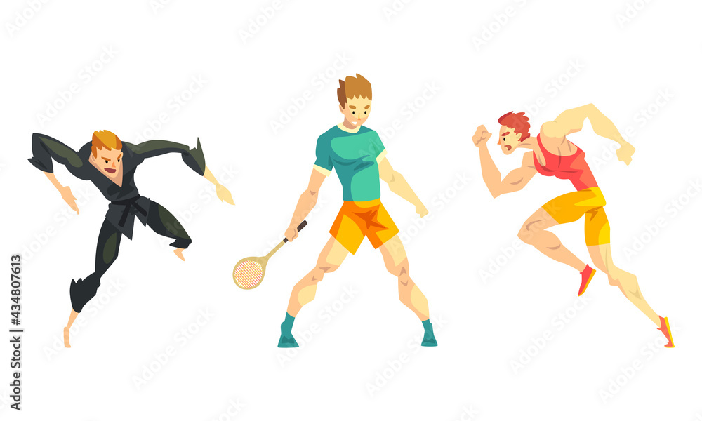 Professional Athletes Doing Sports Set, Male Karate Fighter, Tennis Player, Runner Cartoon Vector Illustration