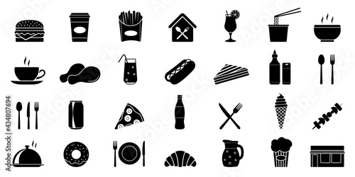 Food courts icons set. Silhouette set of food courts icons for web design. Vector illustration isolated on white background