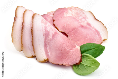 Smoked pork slices, isolated on white background. High resolution image