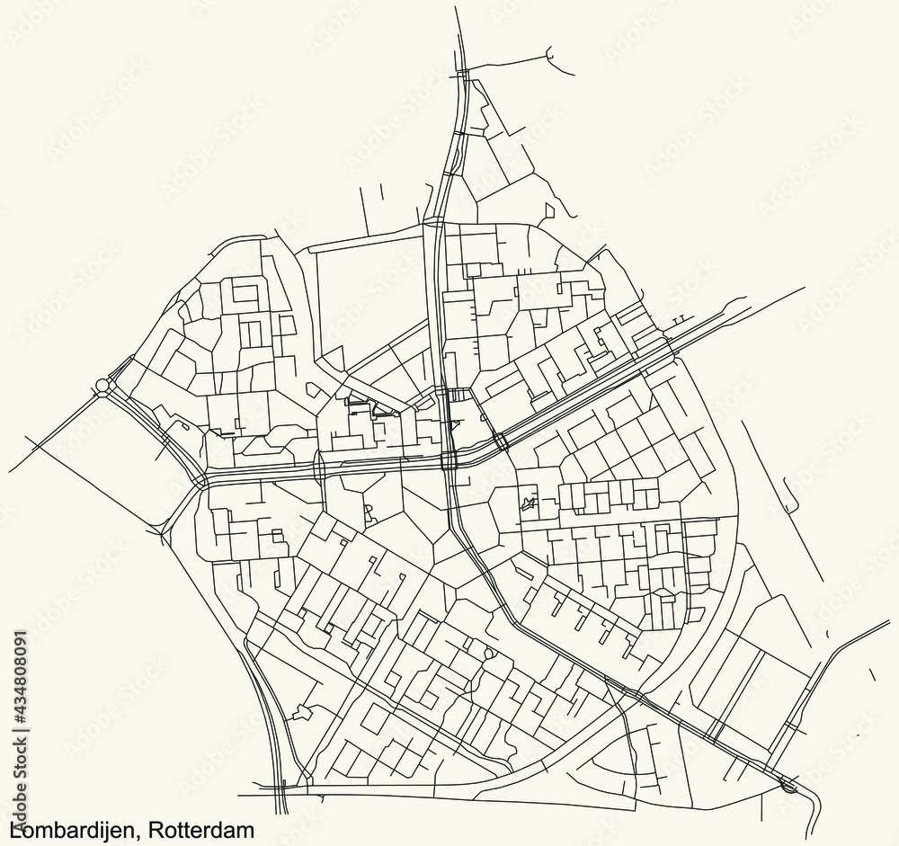 Black simple detailed street roads map on vintage beige background of the quarter Lombardijen neighbourhood of Rotterdam, Netherlands