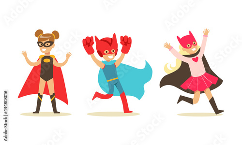 Set of Boys and Girls Dressed Superhero Costumes  Super Kids Characters Wearing Capes and Mask Cartoon Vector Illustration