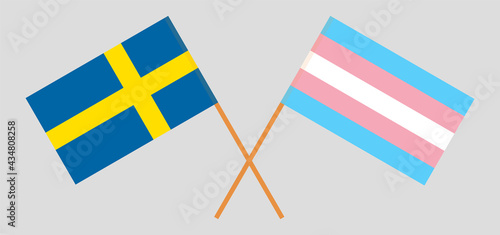 Crossed flags of Sweden and transgender pride. Official colors. Correct proportion