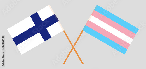 Crossed flags of Finland and transgender pride. Official colors. Correct proportion