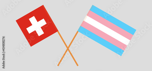 Crossed flags of Switzerland and transgender pride. Official colors. Correct proportion