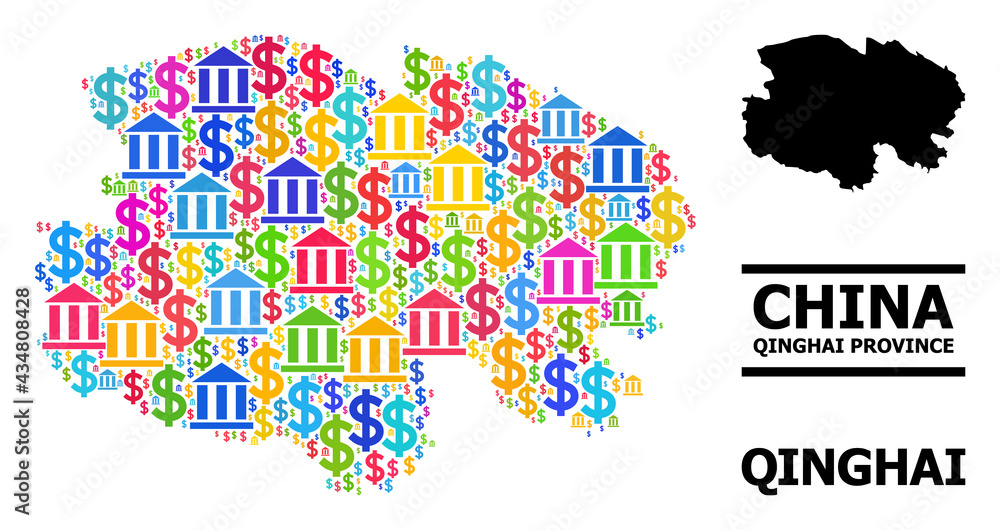 Fototapeta premium Multicolored bank and dollar mosaic and solid map of Qinghai Province. Map of Qinghai Province vector mosaic for promotion campaigns and projects.