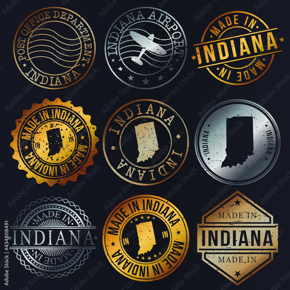 Indiana, USA Business Metal Stamps. Gold Made In Product Seal. National Logo Icon. Symbol Design Insignia Country. Indiana, USA Business Metal Stamps. Gold Made In Product Seal. National Logo Icon. Symbol Design Insignia Country.