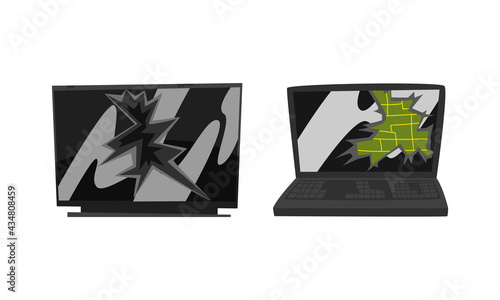 Damaged Home Appliances Set, Broken TV and Laptop Computer Cartoon Vector Illustration