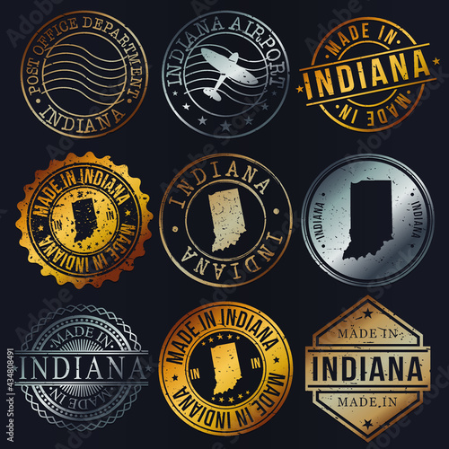 Indiana, USA Business Metal Stamps. Gold Made In Product Seal. National Logo Icon. Symbol Design Insignia Country.