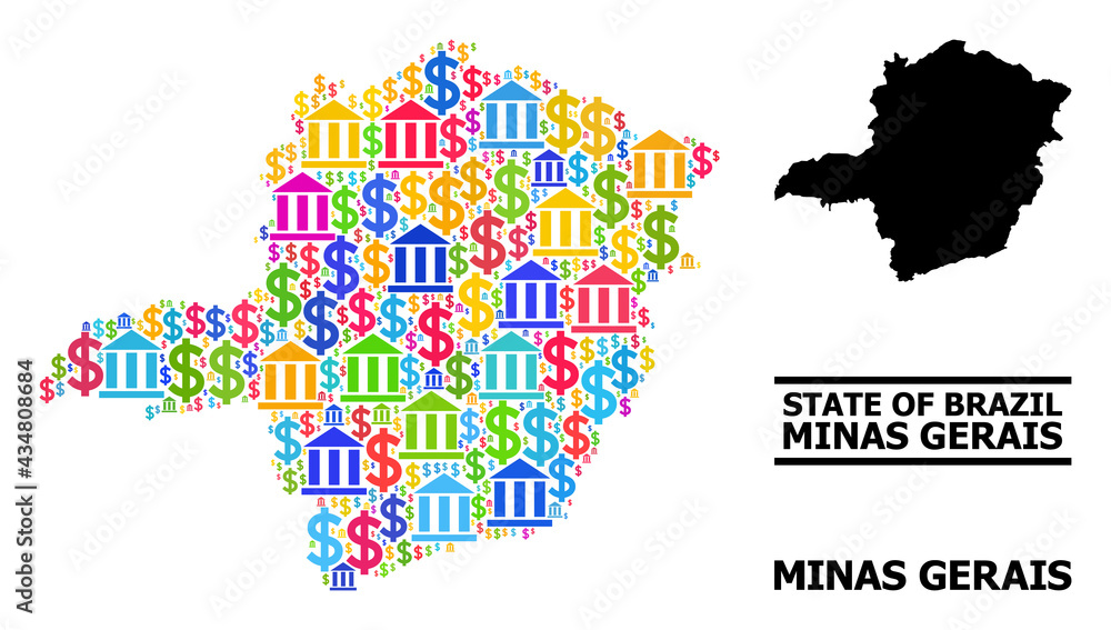 Fototapeta premium Multicolored bank and money mosaic and solid map of Minas Gerais State. Map of Minas Gerais State vector mosaic for promotion campaigns and promotion.