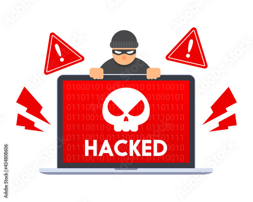 Fototapeta Naklejka Na Ścianę i Meble -  Computer laptop with skull icon and hacked message on screen. Creative security concept of hacking or system error by malware or virus. Emergency alert. Flat style cartoon vector graphic illustration.