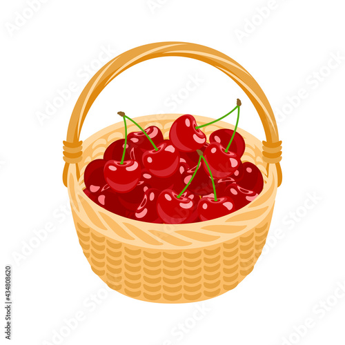 Basket with fresh cherry vector flat illustration. Cartoon red berries. Icon.
