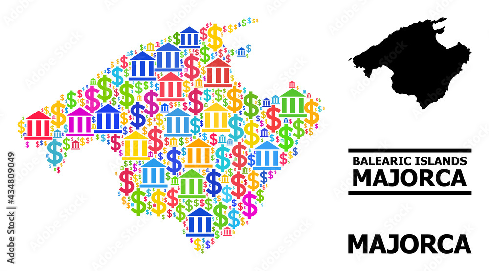 Bright colored bank and dollar mosaic and solid map of Majorca. Map of Majorca vector mosaic for business campaigns and agitation. Map of Majorca is created from colorful bank and dollar items. Bright colored bank and dollar mosaic and solid map of Majorca. Map of Majorca vector mosaic for business campaigns and agitation. Map of Majorca is created from colorful bank and dollar items.