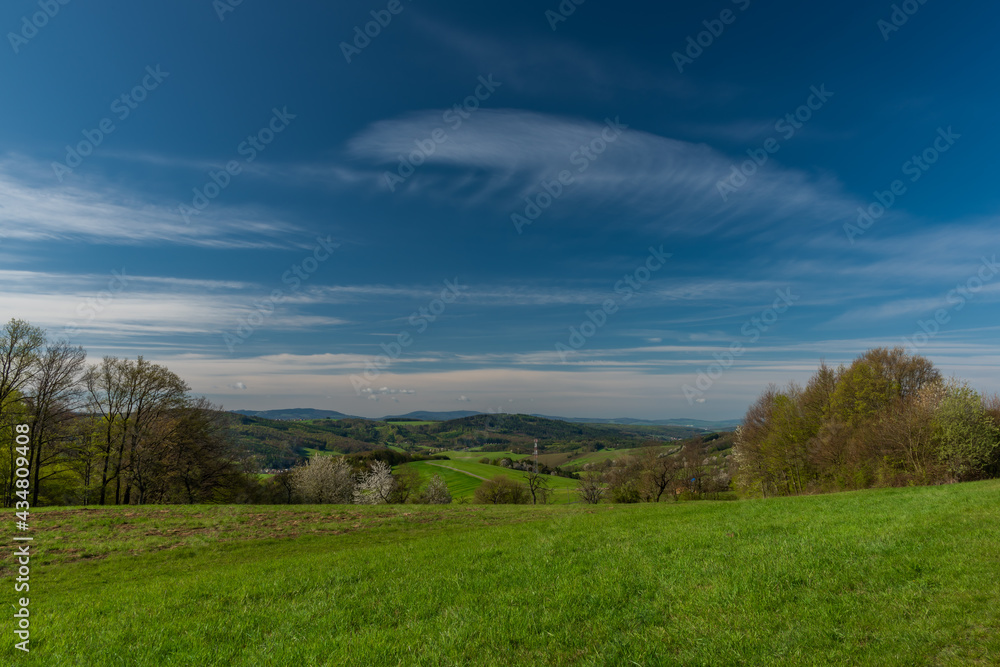 Fototapeta premium Meadows and trees near Homole village in spring sunny fresh morning