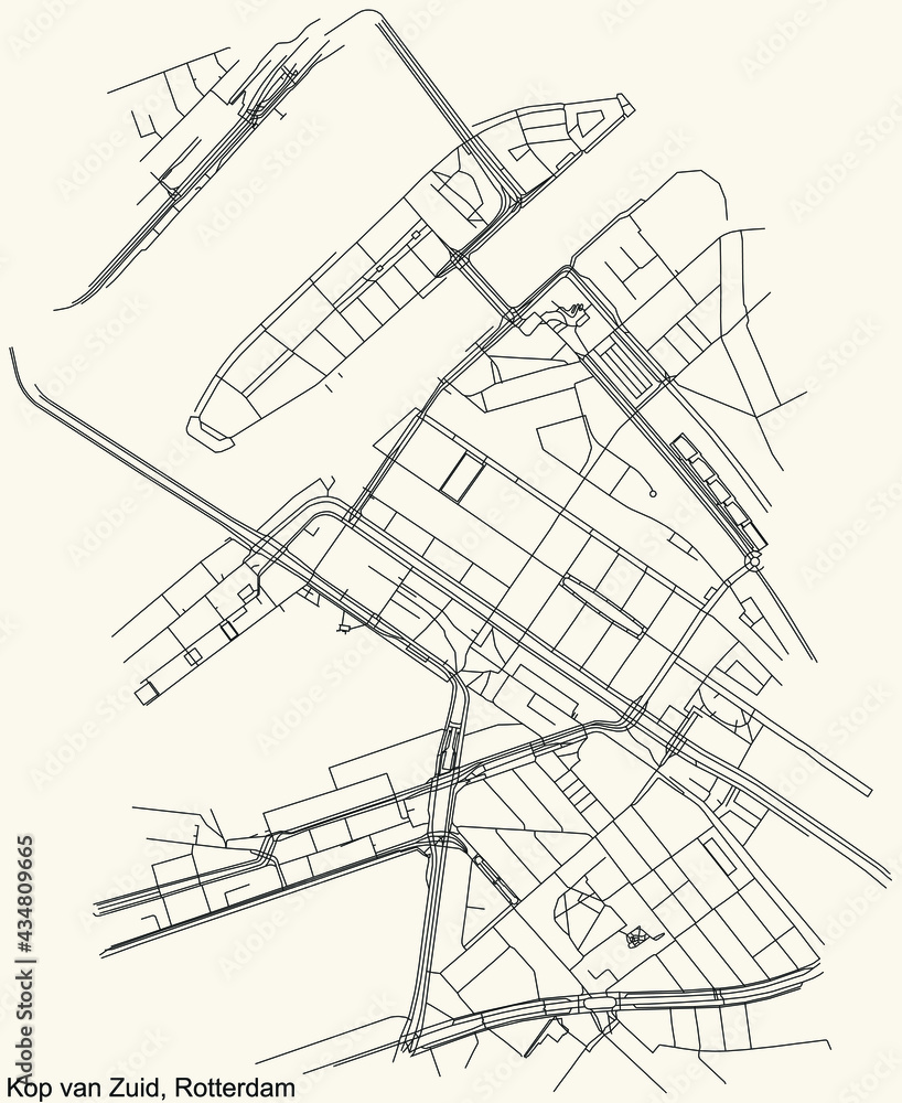 Black simple detailed street roads map on vintage beige background of the quarter Kop van Zuid neighbourhood of Rotterdam, Netherlands