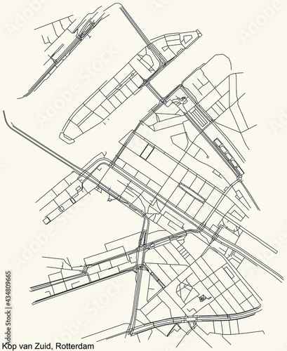 Black simple detailed street roads map on vintage beige background of the quarter Kop van Zuid neighbourhood of Rotterdam, Netherlands