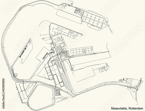 Black simple detailed street roads map on vintage beige background of the quarter Maasvlakte district of Rotterdam, Netherlands