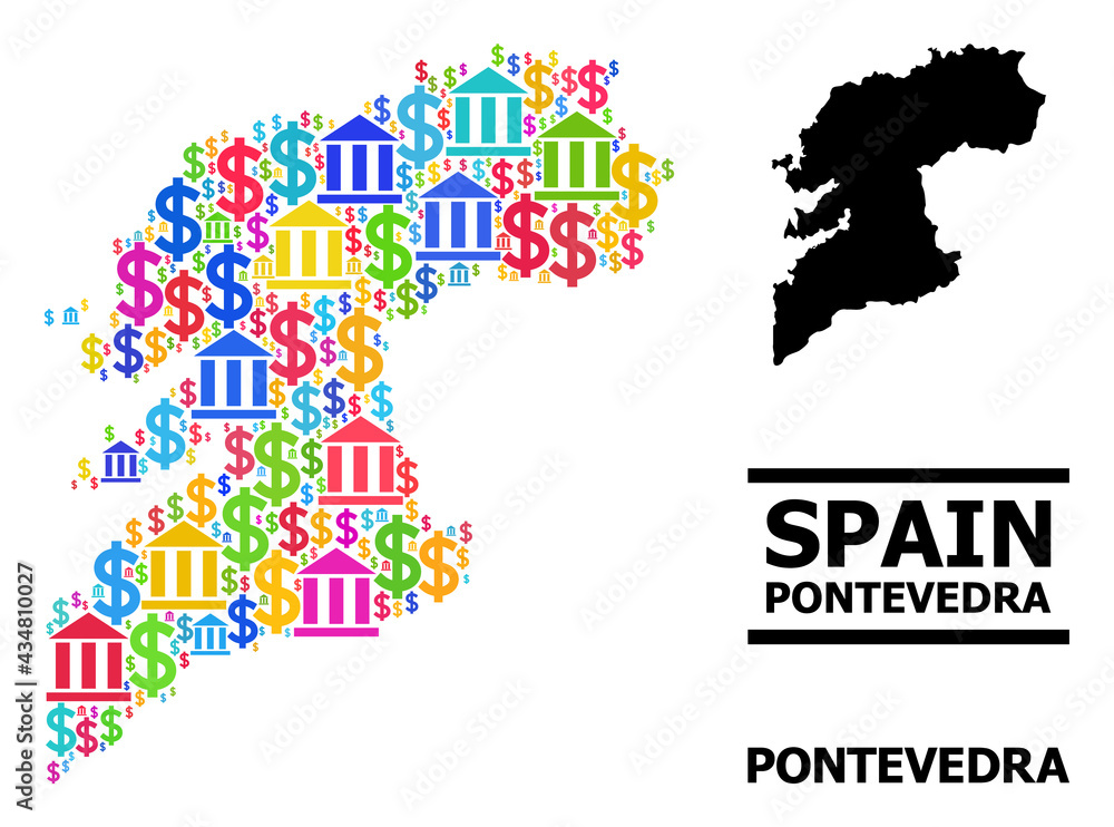 Fototapeta premium Multicolored bank and dollar mosaic and solid map of Pontevedra Province. Map of Pontevedra Province vector mosaic for geographic campaigns and posters.