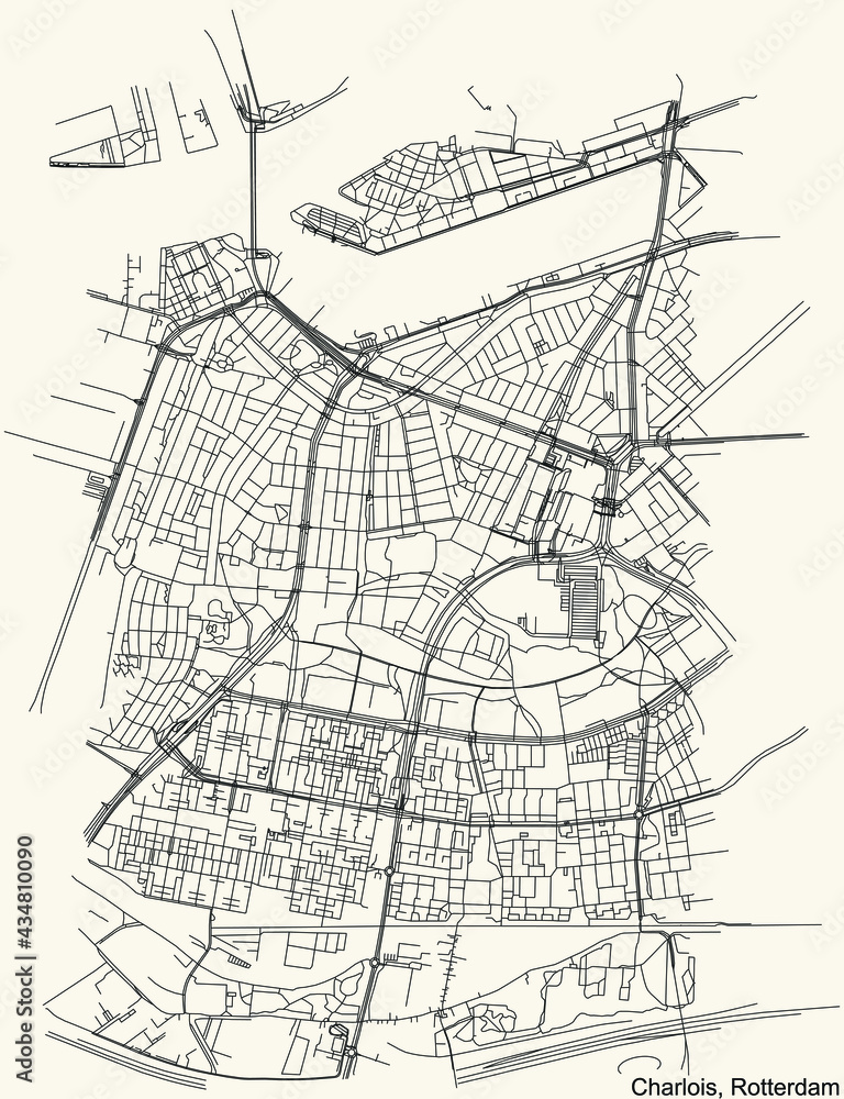 Fototapeta premium Black simple detailed street roads map on vintage beige background of the Charlois quarter district of Rotterdam, Netherlands