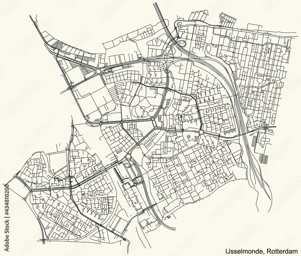 Black simple detailed street roads map on vintage beige background of the quarter IJsselmonde district of Rotterdam, Netherlands