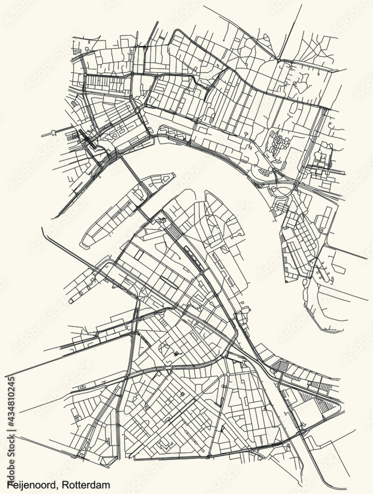 Black simple detailed street roads map on vintage beige background of the quarter Feijenoord quarter district of Rotterdam, Netherlands