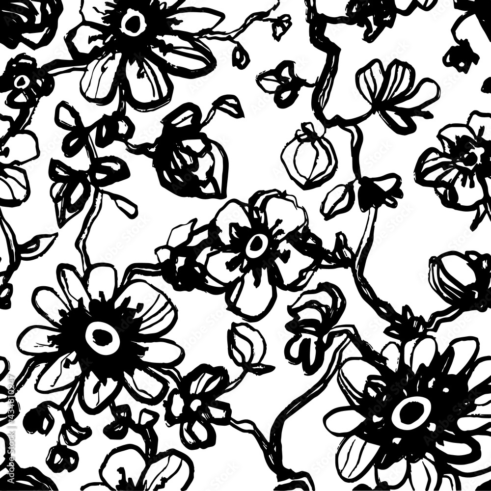 Black daisies, dahlias flower seamless pattern on a white background. Daisy field. Ditsy floral pattern print. Vector floral illustration. Wild flowering texture.