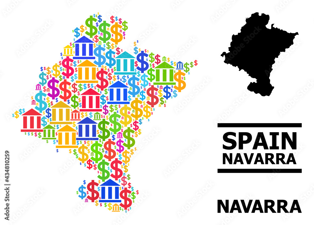 Obraz premium Bright colored bank and money mosaic and solid map of Navarra Province. Map of Navarra Province vector mosaic for promotion campaigns and propaganda.