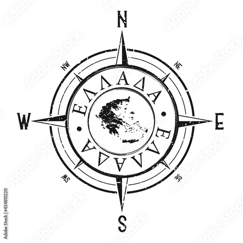 Greece Stamp Map Compass Adventure. Illustration Travel Country Symbol. Seal Expedition Wind Rose Icon.