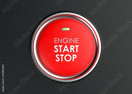 Engine start stop button. Car dashboard element. Luxury car is a new technology used of starting the engine. Red button to start the engine with inscription start, stop. 3D illustration.