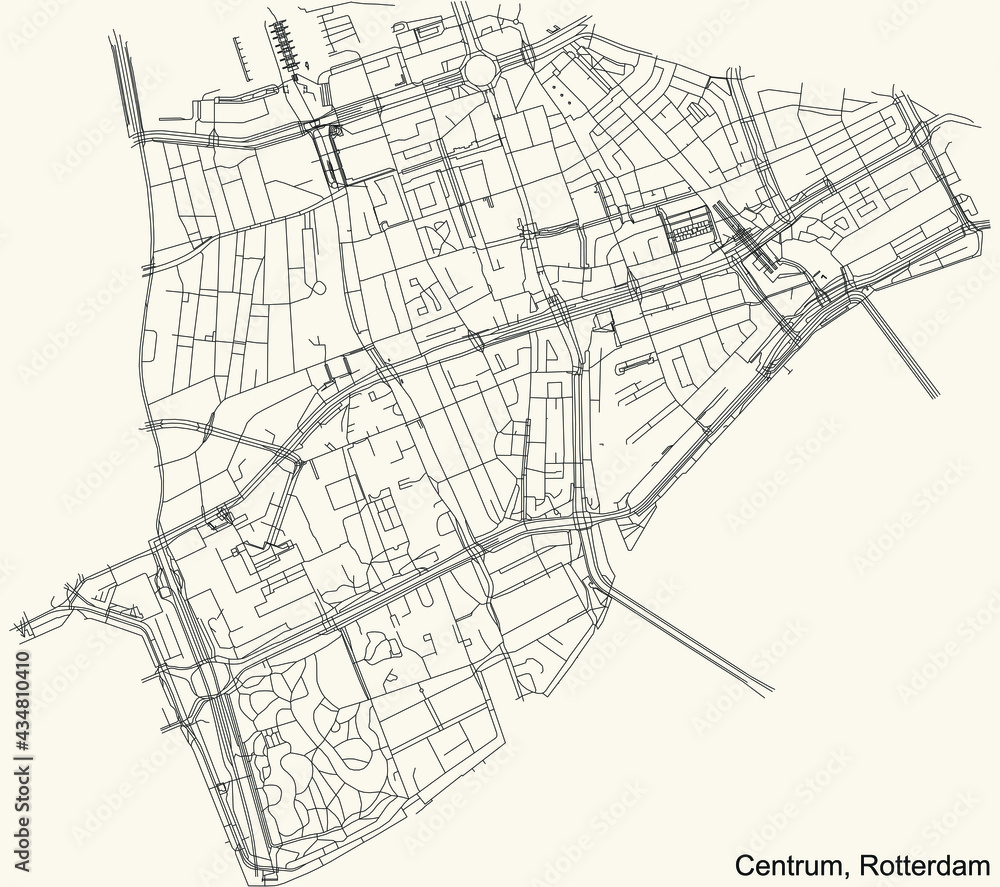 Black simple detailed street roads map on vintage beige background of the quarter Stadscentrum (Centrum) district of Rotterdam, Netherlands