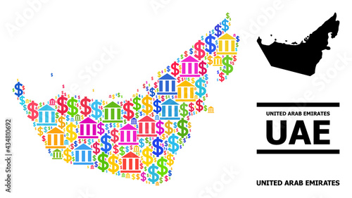 Colorful bank and dollar mosaic and solid map of United Arab Emirates. Map of United Arab Emirates vector mosaic for ads campaigns and doctrines.