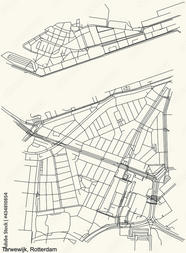 Black simple detailed street roads map on vintage beige background of the Tarwewijk quarter neighbourhood of Rotterdam, Netherlands