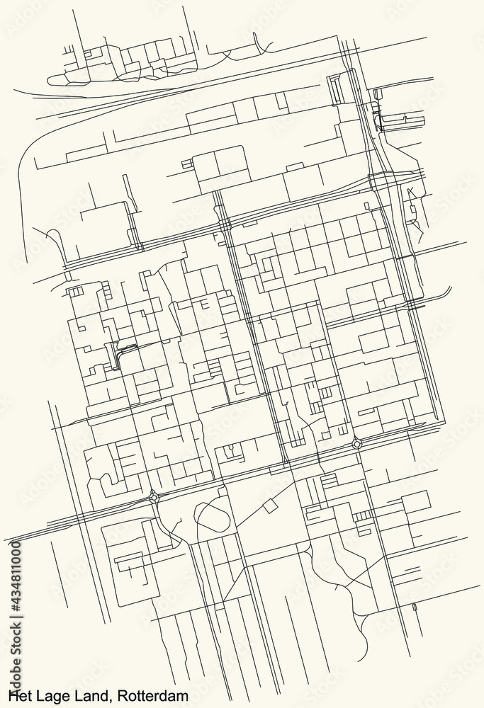 Fototapeta premium Black simple detailed street roads map on vintage beige background of the Het Lage Land quarter neighbourhood of Rotterdam, Netherlands