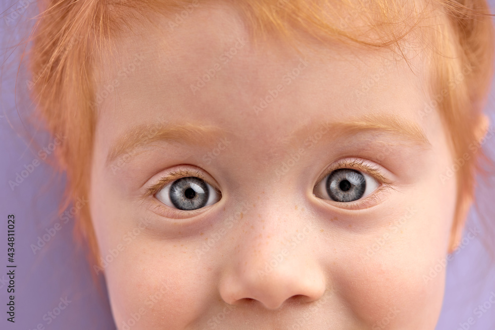 Nice cute girl with beautiful healthy freckled skin and natural red hair, looking at camera, close-up blue eyes. children, human concept Nice cute girl with beautiful healthy freckled skin and natural red hair, looking at camera, close-up blue eyes. children, human concept