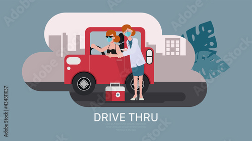 Drive thru to take vaccine in the car concept. Treatment covid-19 new normal lifestyle.