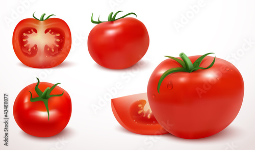 Realistic red tomato in 3d style. Fresh ripe whole and cut tomatoes isolated on white background. Close-up juicy vegetables. Ketchup ingredient. Element foryour design. Vector illustration.
