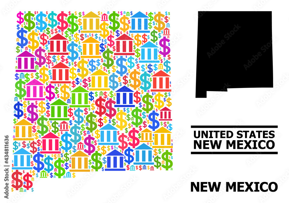 Bright colored bank and dollar mosaic and solid map of New Mexico State. Map of New Mexico State vector mosaic for GDP campaigns and purposes. Bright colored bank and dollar mosaic and solid map of New Mexico State. Map of New Mexico State vector mosaic for GDP campaigns and purposes.