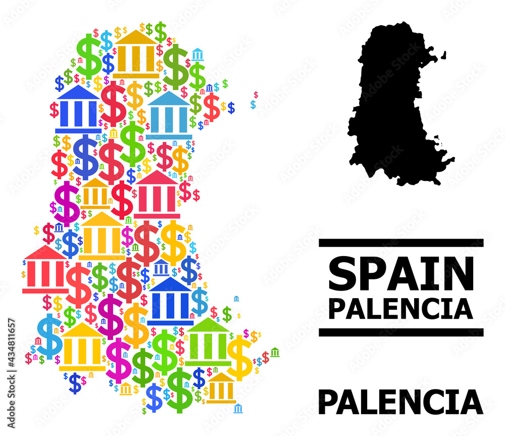 Colored bank and economics mosaic and solid map of Palencia Province. Map of Palencia Province vector mosaic for geographic campaigns and projects.