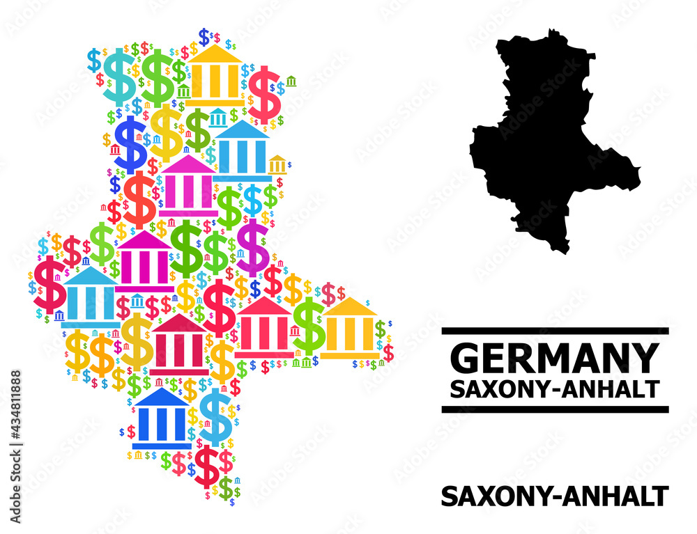 Bright colored bank and commerce mosaic and solid map of Saxony-Anhalt State. Map of Saxony-Anhalt State vector mosaic for business campaigns and propaganda.