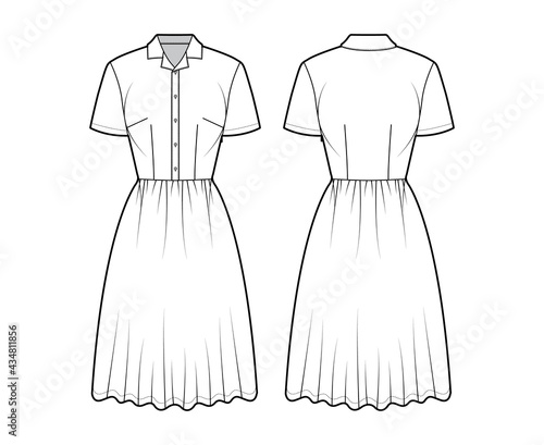 Dress house shirt technical fashion illustration with short sleeves, knee length full skirt, classic henley collar. Flat apparel front, back, white color style. Women, men unisex CAD mockup