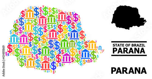 Multicolored bank and business mosaic and solid map of Parana State. Map of Parana State vector mosaic for business campaigns and posters.